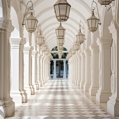 Fototapeta premium Elegant Lanterns Adorning a Classical White Arcade