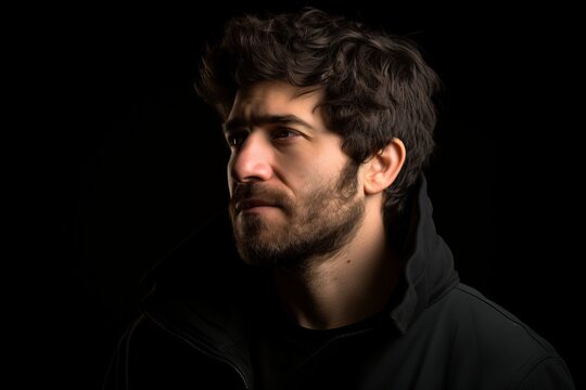 Handsome man with beard over black background. Looking to the side