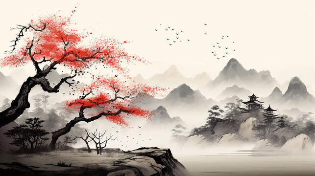 date plum tree with perssimon fruits and landscape