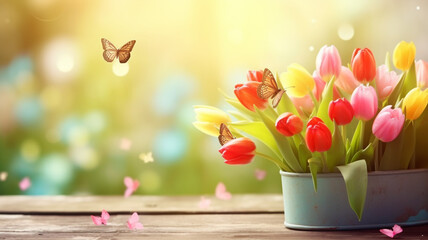 Tulip flowers on a bright sunny day with butterflies
