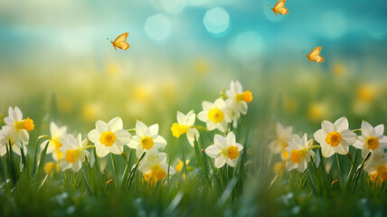 A field of Daffodils with butterflies on a bright sunny day
