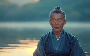 Fototapeta premium Serene Man Meditating by Mountain Lake