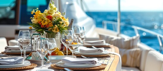 Luxurious table setting for lunch on a motor yacht.