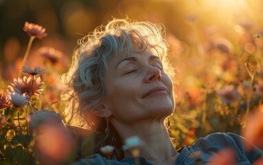 Woman in Meadow at Sunrise Embracing Nature