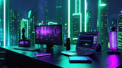 neon background low rise building