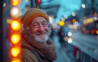 Obraz premium Cheerful Elderly Man in City at Dusk