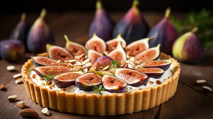 delicious tart with fresh figs and goat cheese on rustic slate