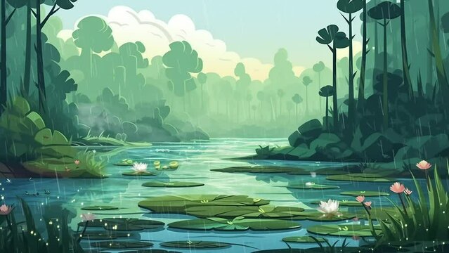 Rain in forest with swamp or lake and water lilies. cartoon fantasy background. seamless looping overlay 4k virtual video animation background 