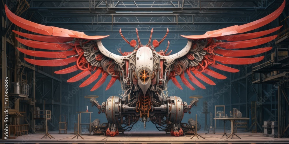 Poster a large mechanical bird with wings. generative ai.