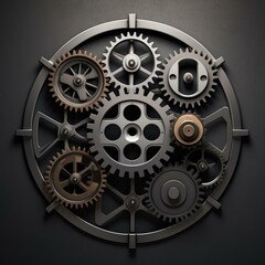 Steampunk clockwork gears on black background. Generative AI.