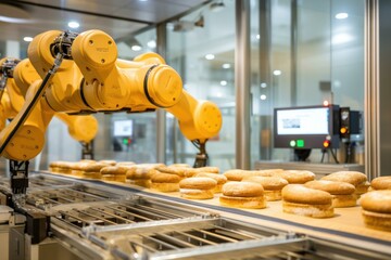 A robot is working on a conveyor belt with a line of bread. Generative AI.