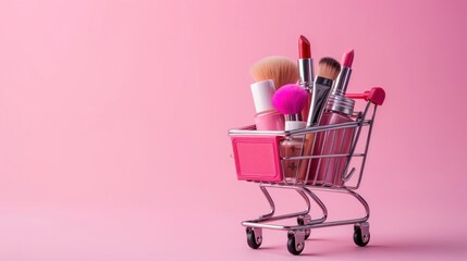Creative concept with shopping trolley with makeup on a pink background. Generative AI.