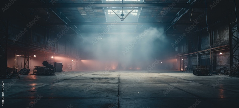 Poster an empty warehouse with fog coming out of the ceiling. generative ai.