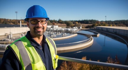A man in a hard hat and safety vest standing in front of a water treatment plant. Generative AI.