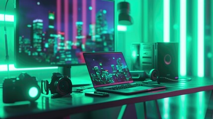 neon green background low rise building