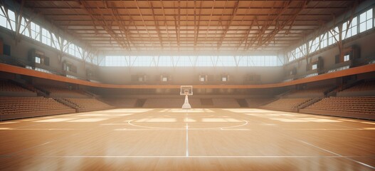 An empty basketball court with a basketball hoop. Generative AI.