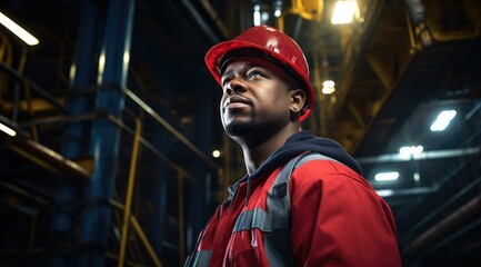An african american man in a red hard hat. Generative AI.