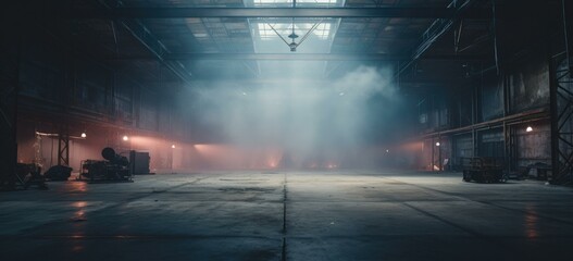 An empty warehouse with fog coming out of the ceiling. Generative AI.