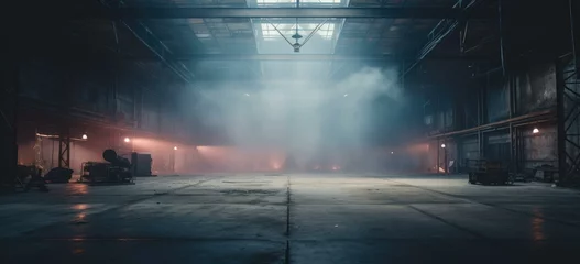 Foto op Plexiglas An empty warehouse with fog coming out of the ceiling. Generative AI. © serg3d