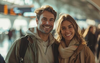 Traveling Couple at Airport - obrazy, fototapety, plakaty