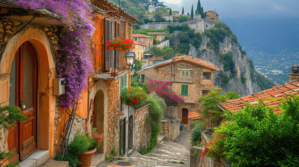 Charming European town with medieval houses, historic church, and stone walls nestled amidst mountains under a summer sky