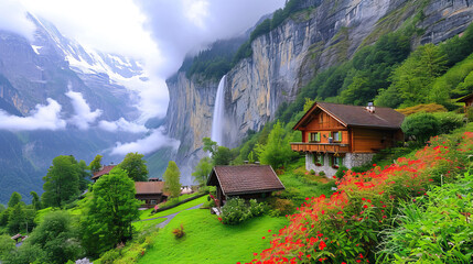 Mountain village nestled in the lush green meadows, surrounded by towering under a clear summer sky