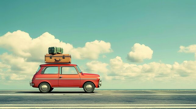 Travelling by car. Retro car with luggage on the roof. Car on the road with a lot of suitcases on roof. Family travel on vacation