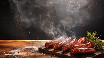 smoked sausages on a wooden board and paper. copy space for text