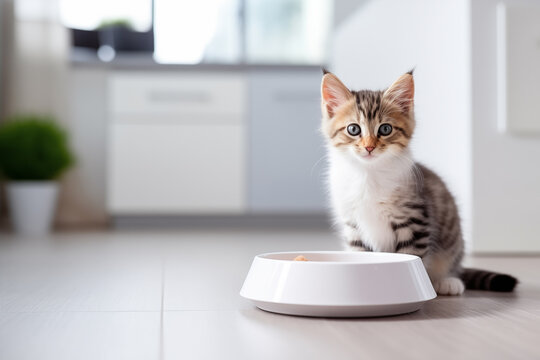 Cute fluffy cat and pet food in bowl in kitchen. Healthy food for pets. Dietary balanced food. Space for text, Generative AI