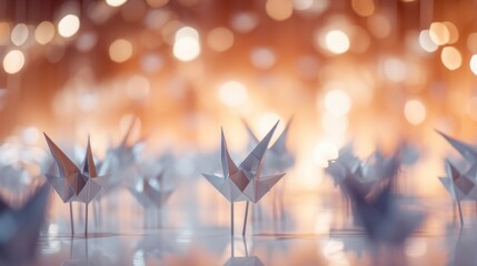 Naklejka premium Closeup of delicate origami sculptures displayed at an immersive art installation.