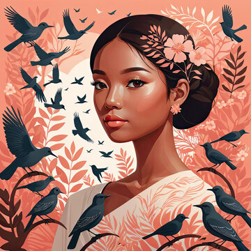 Ethereal Beauty - Modern flat close-up portrait illustration of a sturdy brown-skinned Southeast Asian young woman surrounded by nature and birds Gen AI