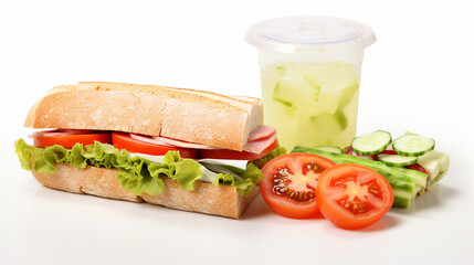 healthy lunch for school with sandwich fruit and juice. on white background