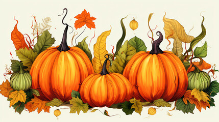 card with orange pumpkins and autumns leaves