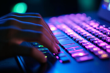Working on a neon computer keyboard with colored backlighting. Computer video games, hacking,...