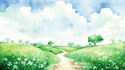 St. Patrick's Day path, background watercolor illustration. Card. Copy space. Spring or summer mood.