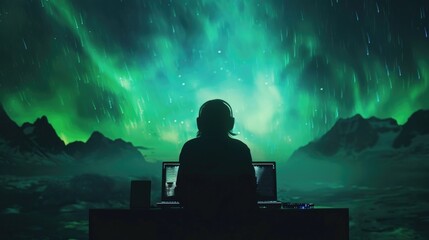 Witness the fusion of technology and nature as a DJs laptop projects an otherworldly display of hypnotic Northern Lights.