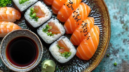 Assorted sushi nigiri and maki big set on slate. A variety of Japanese sushi with tuna