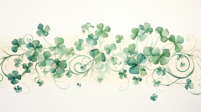 Green St. Patrick's Day banner with intertwined shamrocks, watercolor illustration background. Card.