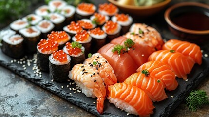Assorted sushi nigiri and maki big set on slate. A variety of Japanese sushi with tuna