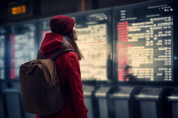 Rear view of a woman looking at arrival departure board. Generative AI