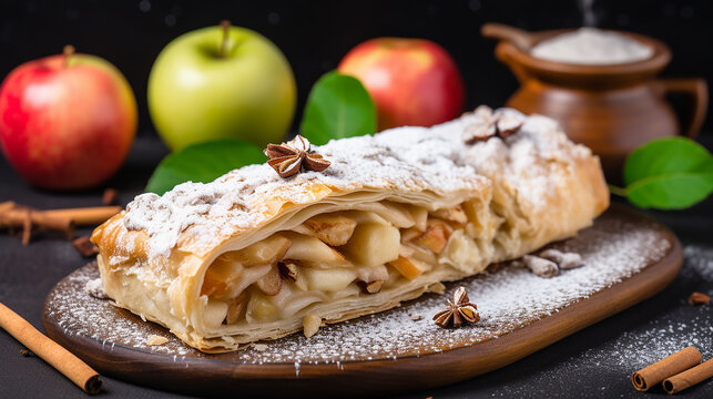 delicious homemade apple strudel with fresh apples nuts and powdered sugar