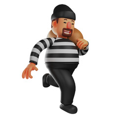   3D illustration. Happy Face 3D Thief Cartoon Design. walking while carrying a bag. showing a frightened facial expression. 3D Cartoon Character