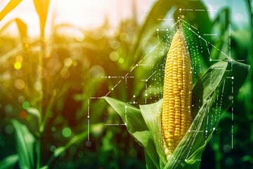 Agricultural technologies on the farm. Corn with biological holographic data and analytics technology. Agricultural development, cultivation modernization, Generative AI 