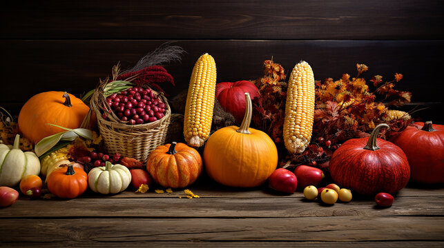 Pumpkins Corns Apples Nuts And Cranberries On Wooden Background