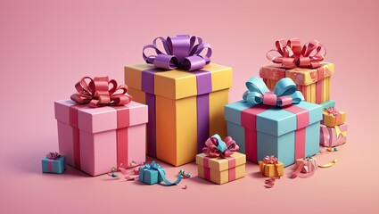 illustration of colorful gifts with bows and ribbons placed on pink background