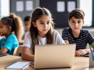 A young girl, immersed in a coding lesson, hones her tech skills while seated with a laptop.