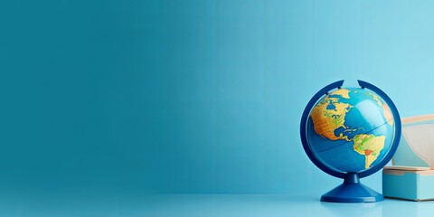 Earth globe on clean blue banner background. Education, school, study and knowledge background concept, Generative AI 