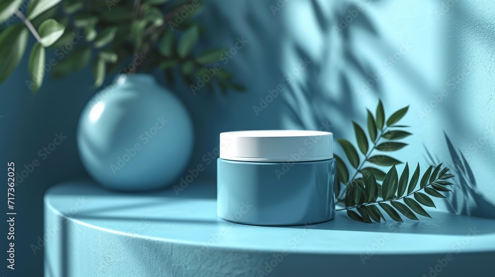 Wall mural Herbal Moisturizer jar of cosmetic moisturizer cream on nature background. Organic natural ingredients beauty product among green plants. Skin care, beauty and spa product presentation, copy space.