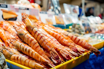 Fresh seafood selling at Kuromon Ichiba in Osaka Japan. The Kuromon Ichiba is a spacious market with vendors selling street food, fresh produce and shellfish, plus souvenirs, Seafood in Kuromon Market