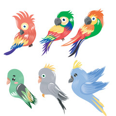 set of parrot bird animal isolated on white background. set with cute cartoon parrots illustrations